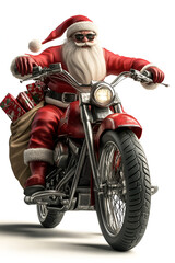Fototapeta premium Santa Claus riding a motorcycle with a sack of gifts