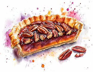 Deliciously crafted pecan pie with rich filling, surrounded by vibrant watercolor splashes, perfect for dessert lovers and food art.