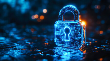 A glowing digital padlock in a dark environment symbolizes cybersecurity and data protection ideal for illustrating IT security concepts, online safety, or encryption technology,