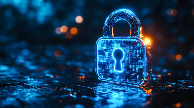 A glowing digital padlock in a dark environment symbolizes cybersecurity and data protection ideal for illustrating IT security concepts, online safety, or encryption technology,