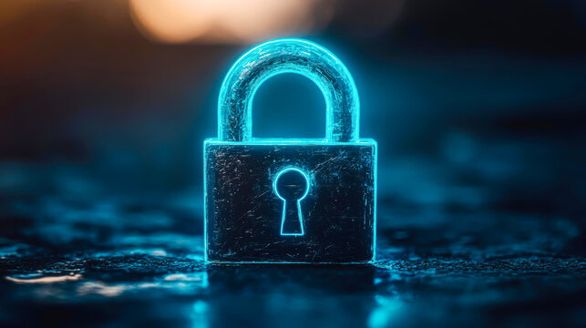 A glowing turquoise padlock on a dark surface, symbolizing data security and cyber protection ideal for use in cybersecurity themes and online privacy,