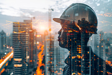 Fototapeta premium Double exposure of a construction worker and city skyline, symbolizing urban growth