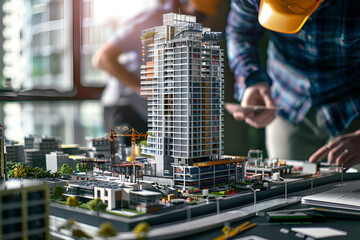 Engineers and architects collaborating over a detailed scale model of an urban development project