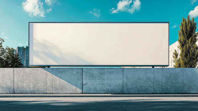 Outdoor blank billboard with a concrete wall, green trees, and modern city buildings in the background, suitable for advertisement templates or urban promotional campaigns,