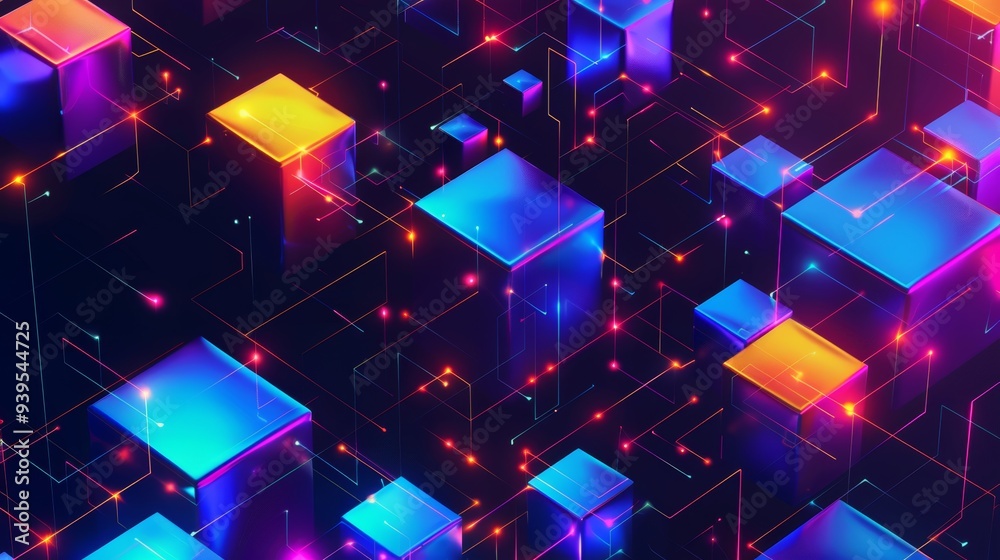 Sticker A futuristic abstract digital image displaying glowing cubes and intersecting lines creating an intricate geometric pattern with vibrant neon colors.