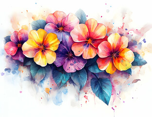 Vibrant watercolor flowers in a stunning arrangement, showcasing colorful petals and lush green leaves, perfect for art decor.