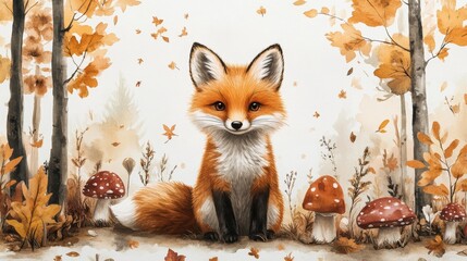 Fototapeta premium Charming wallpaper design showcasing adorable foxes with bushy tails and joyful playful expressions for a whimsical touch.
