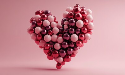 A heart shape formed by numerous red, pink and white spheres, on a light pink background.