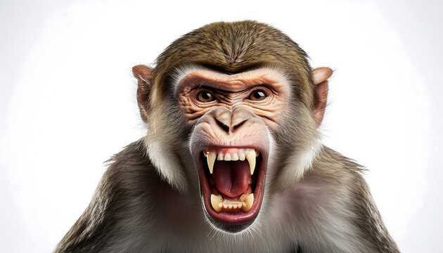 aggressive monkey displaying fierce grin white background