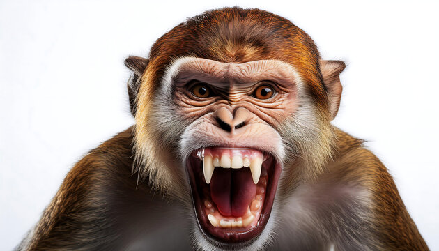 aggressive monkey displaying fierce grin white background