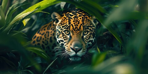 Jaguar peering through lush green foliage.