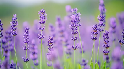 Fototapeta premium Close-up of purple lavender flowers in a field, with a blurred background.
