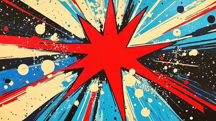 Fototapeta premium Vibrant red starburst in comic book style, surrounded by dramatic streaks of blue, black, and cream, with dotted patterns.