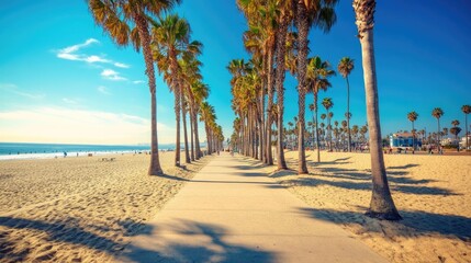 Venice Beach Boardwalk. Beach Palms in Los Angeles, California, USA