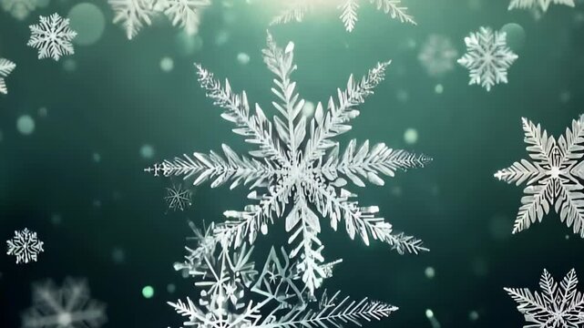 snowflakes on a green background, creating a feeling of a winter festive atmosphere