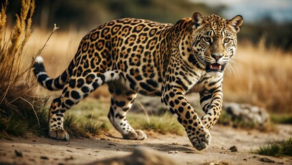 Obraz premium A leopard strides through golden grass in a sunlit savanna, showcasing its powerful muscles and vibrant coat in the afternoon light. Generative AI