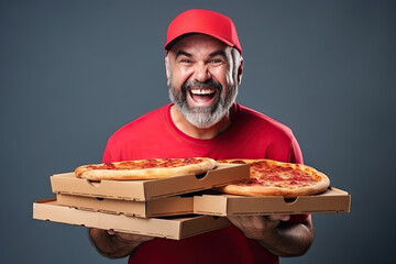 Joyful Caucasian pizza delivery man holding multiple pizza boxes, exuding happiness and excellent customer service.