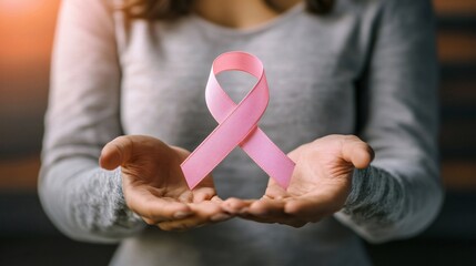 A woman is holding a pink ribbon in her hand, symbol for breast cancer awareness