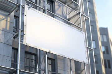 Fototapeta premium Banner With Grommets. Empty Billboard Frame Design on Scaffolding Mockup