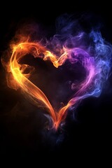 A heart shape formed by swirling orange and purple smoke against a black background.