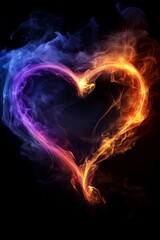 Fototapeta premium A heart-shaped cloud of blue, purple, and orange smoke against a black background.