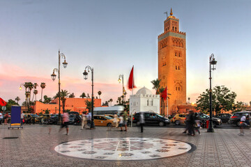 Minaret of Koutoubia Mosque, Marrakech, Morocco along the Mohamed V Avenue