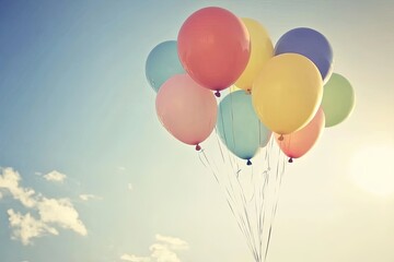 A bunch of colorful balloons floating in the blue sky.
