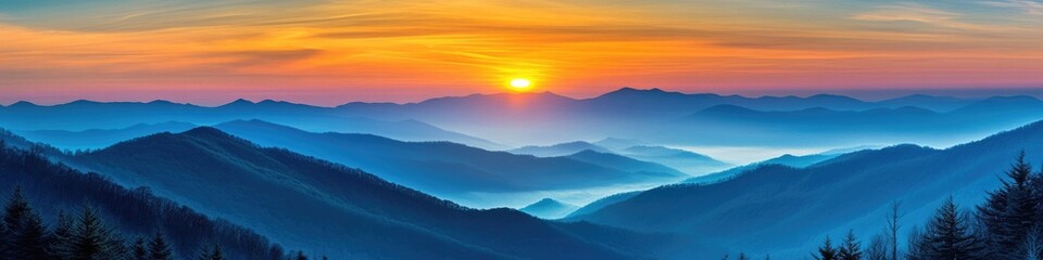 Obraz premium Great Smoky Mountains Winter. Stunning Sunset Panorama Over Blue Ridge Mountains