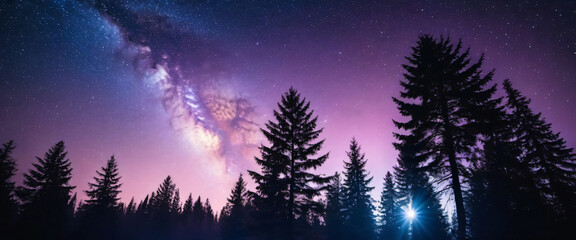 Forest tree silhouettes under starry night purple and pink sky. Blue outdoor summer scenery, universe or space galaxy stars light and astronomy, dark nature, astrophotography wallpaper 