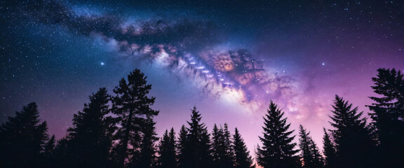 Forest tree silhouettes under starry night purple and pink sky. Blue outdoor summer scenery, universe or space galaxy stars light and astronomy, dark nature, astrophotography wallpaper 