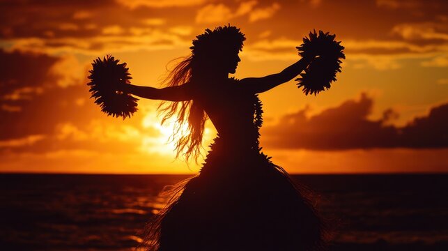 Fototapeta Hula Silhouette. Hawaiian Tradition: Dance of Hula at Sunset in Maui