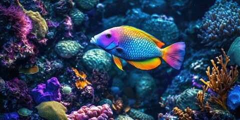 Rainbow parrotfish swimming in colorful coral reef.