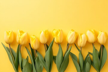 Obraz premium A row of yellow tulips with green leaves on a bright yellow background, leaving space for text.