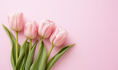Fototapeta premium Four pink tulips arranged on a pink background with copy space.
