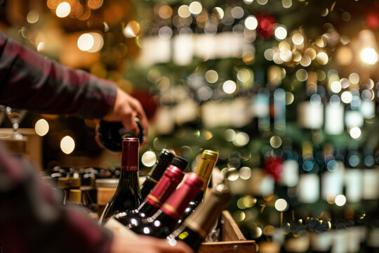 Shopper choosing wine bottles from a festive display near a beautifully decorated Christmas tree.