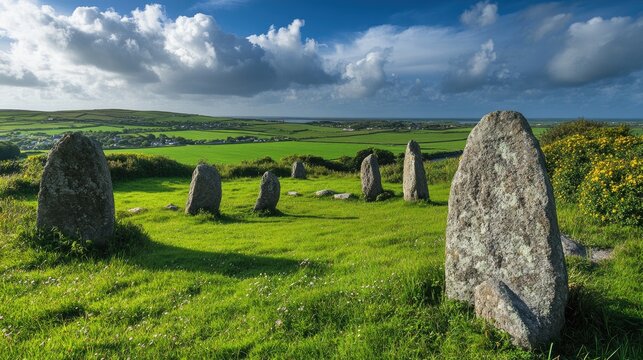Stone Circle Ireland. Drombeg - Ancient Stone Circle in Cork Surrounded by Green Grass and Nature Landscape