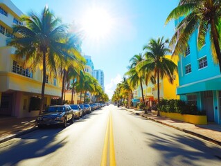 Scenic View ofTropical Palm Tree Lined RoadMiami Beach at Sunset