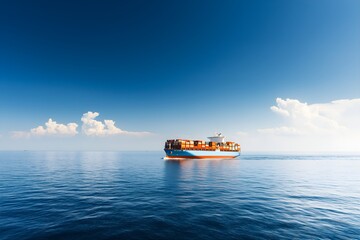 A Cargo Ship Sailing On The Open Sea, Loaded With Containers, Vast Ocean Expanse, Heavy-duty Maritime Transport, Professional Photo