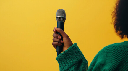 Close-up of an African American woman's hand holding a microphone, isolated on a yellow background...