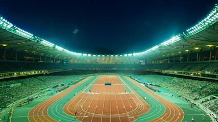 Athletics competition in a modern stadium at night with a vibrant audience