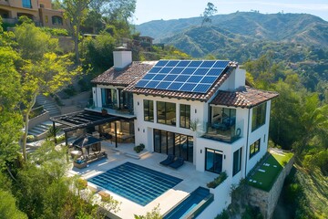 Modern Solar Panels Installed On A Luxury Los Angeles Home Under Clear Blue Sunny Sky, Solar Photography, Solar Powered Clean Energy, Sustainable Resources, Electricity Source