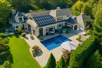 Modern Solar Panels Installed On A Luxury New Jersey Home Under Clear Blue Sunny Sky, Solar Photography, Solar Powered Clean Energy, Sustainable Resources, Electricity Source