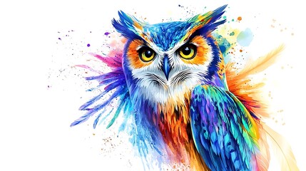 Fototapeta premium Majestic Colorful Owl Illustration in Watercolor Style on White Background