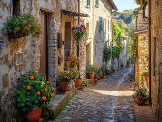 Fototapeta premium Charming Rustic Village Street Scene in ItalyStone Houses and Lush Greenery