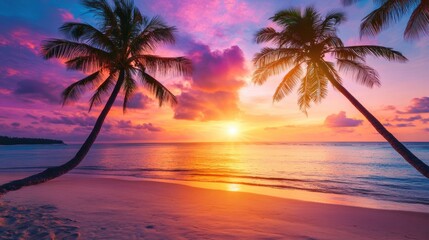 Fototapeta na wymiar A serene beach sunset with palm trees and vibrant colors reflecting on the water.