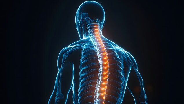A detailed digital illustration showcasing the human skeleton with an emphasis on the spinal column. The glowing spine highlights anatomy and healthcare concepts.
