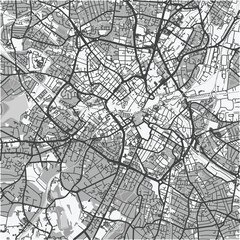 Map of Birmingham in United Kingdom in grayscale. Contains layered vector with roads water, parks, etc.