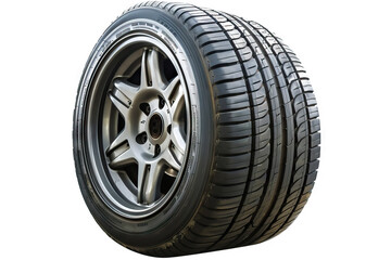 Obraz premium Black synthetic rubber tire with intricate tread on white alloy wheel for automotive use. Hubcap and locking hubs detail, upkeep accessories for transport.