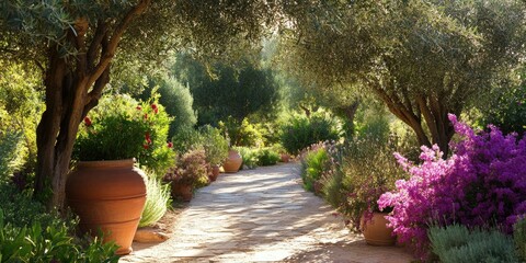A stone path through a lush, Mediterranean garden.