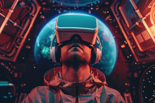 Futuristic astronaut experiencing virtual reality, exploring cosmic environments in a high-tech spacecraft cockpit.  - Powered by Adobe